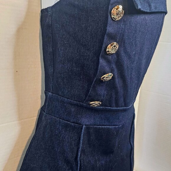 LILLY'S KLOSET KNIT DENIM STRAPLESS JUMPSUIT SZ S FLARE LEG ZIP BACK NO CARE TAG - Picture 3 of 10